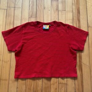 Big Bud Press Red Thermal Crop Top Short Sleeve Textured Cotton Made in LA S